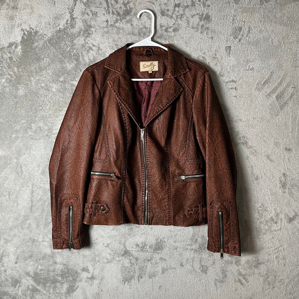 Scully Faux Leather Biker Jacket Brown Vintage Style Size Small Biker Babe Brown